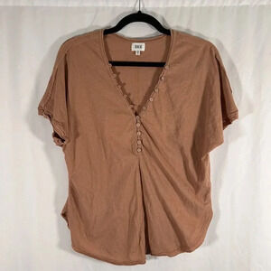 BKE Blouse Women's XS Brown Vneck Short Sleeve Lightwieght 100% Cotton